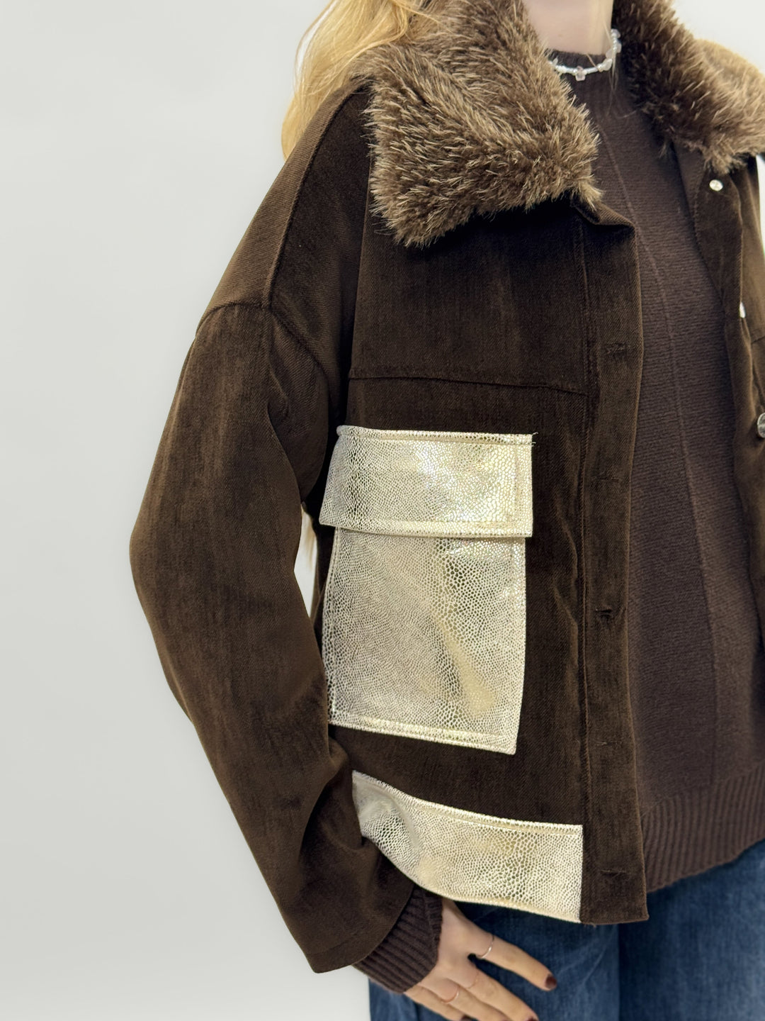 Emma & Rose Cape Town Phaedra™ brown jacket with soft luxurious fabrics and bold gold pocket detail.