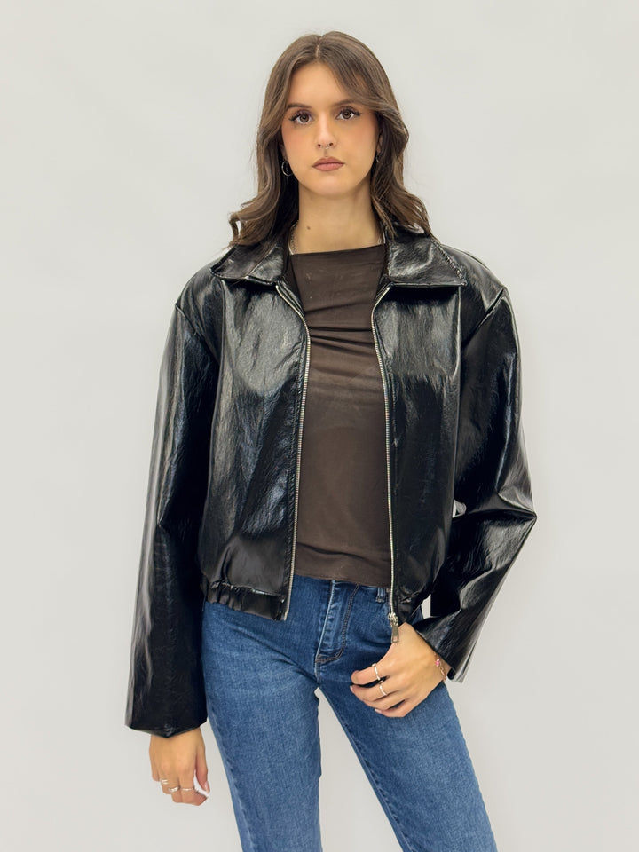 Tamsin™ black patent soft luxurious fabric zip jacket by Emma & Rose Cape Town, stylish and elegant giacche with a modern design.
