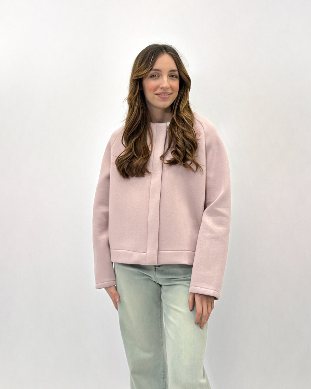 Light blue Neoprene™ jacket with floral design by Emma & Rose Cape Town, stylish and lightweight outerwear.