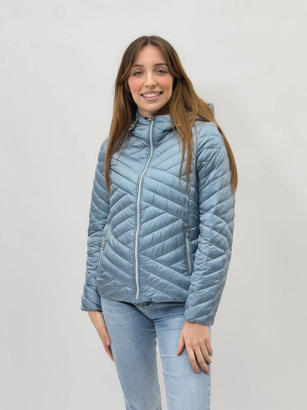 Emma & Rose Cape Town Karina hooded puffer jacket in lilac, showcasing the quilted design and cozy hood for cold weather.