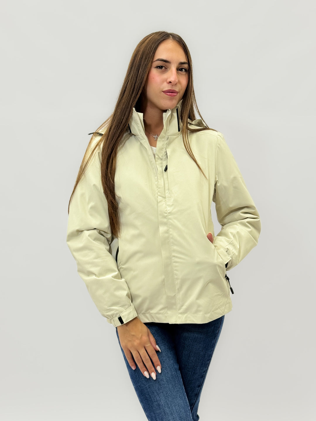 Beige Anke™ windbreaker jacket with hood by Emma & Rose Cape Town, lightweight and stylish outdoor giacca for women.