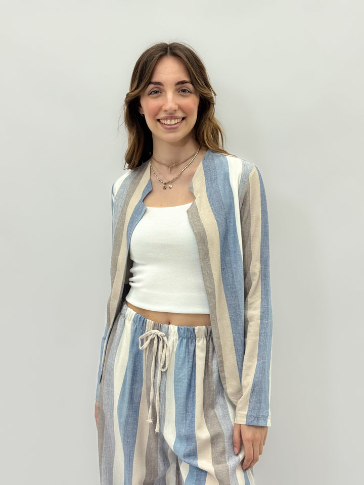 Emma & Rose Cape Town Petra striped soft luxurious fabric jacket, stylish and comfortable women's outerwear with a vibrant pattern.