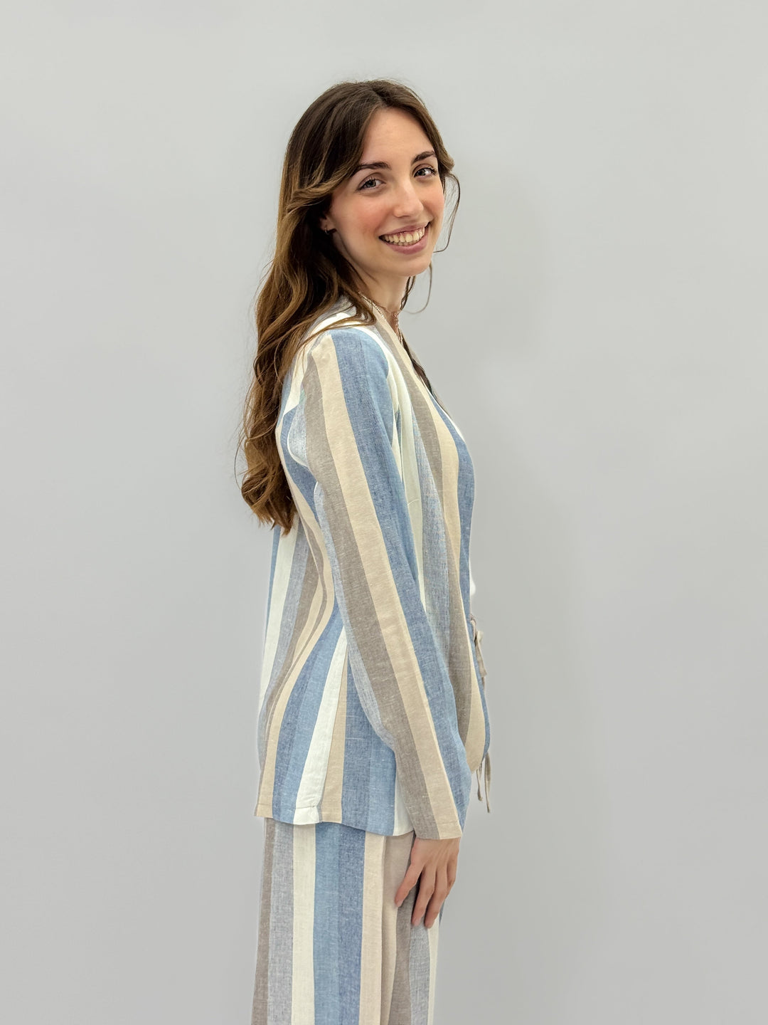 Petra™ striped soft luxurious fabrics jacket by Emma & Rose Cape Town, stylish lightweight outerwear with colorful stripe pattern.