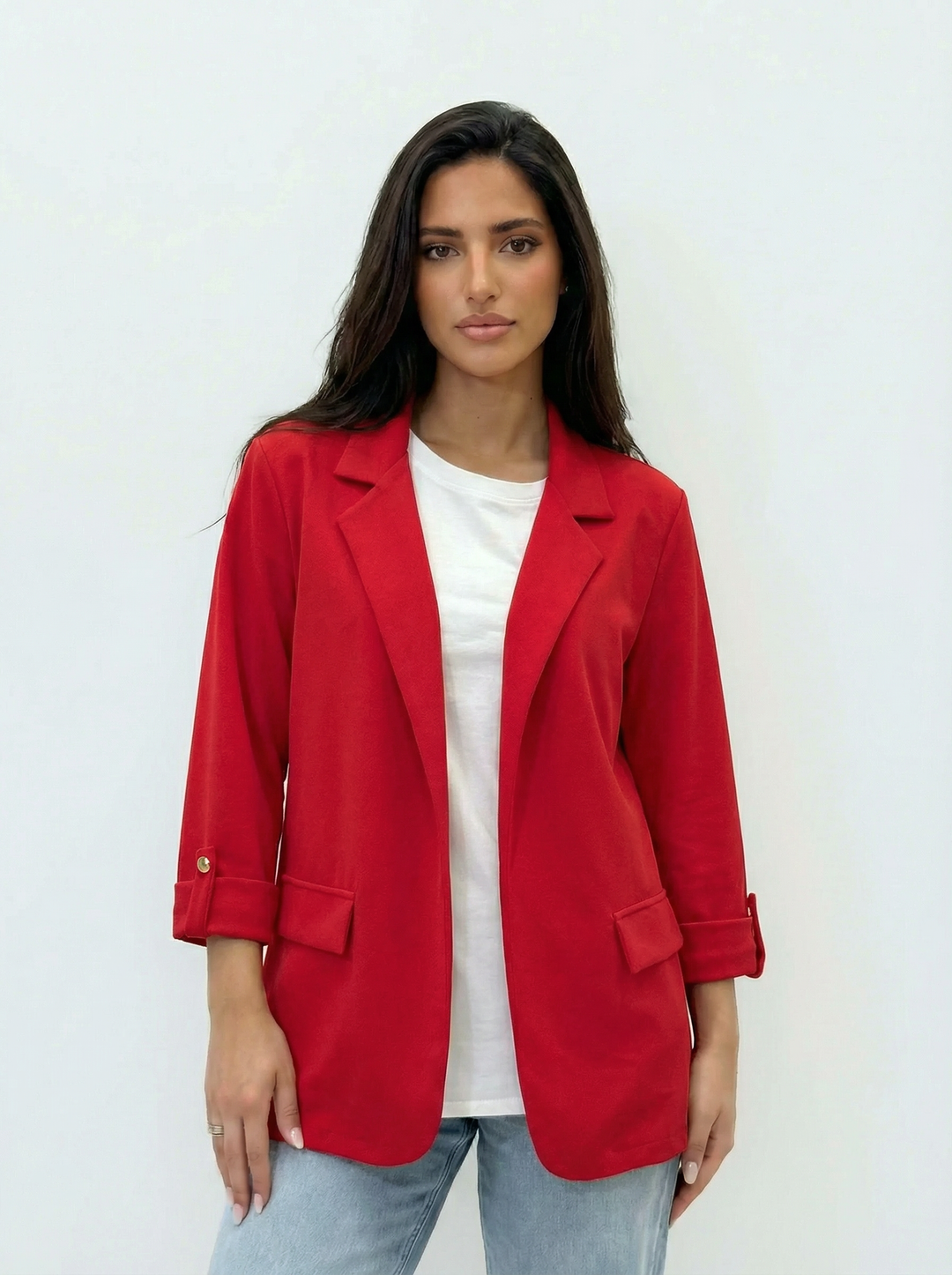 Sage green women's 3/4 sleeve blazer with lapels by Emma & Rose Cape Town, stylish and tailored for a polished look.