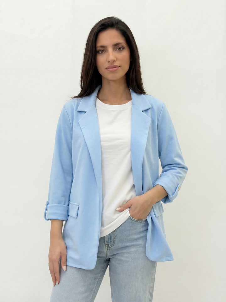 Women's sage green 3/4 sleeve blazer with lapels by Emma & Rose Cape Town, stylish tailored jacket for women.