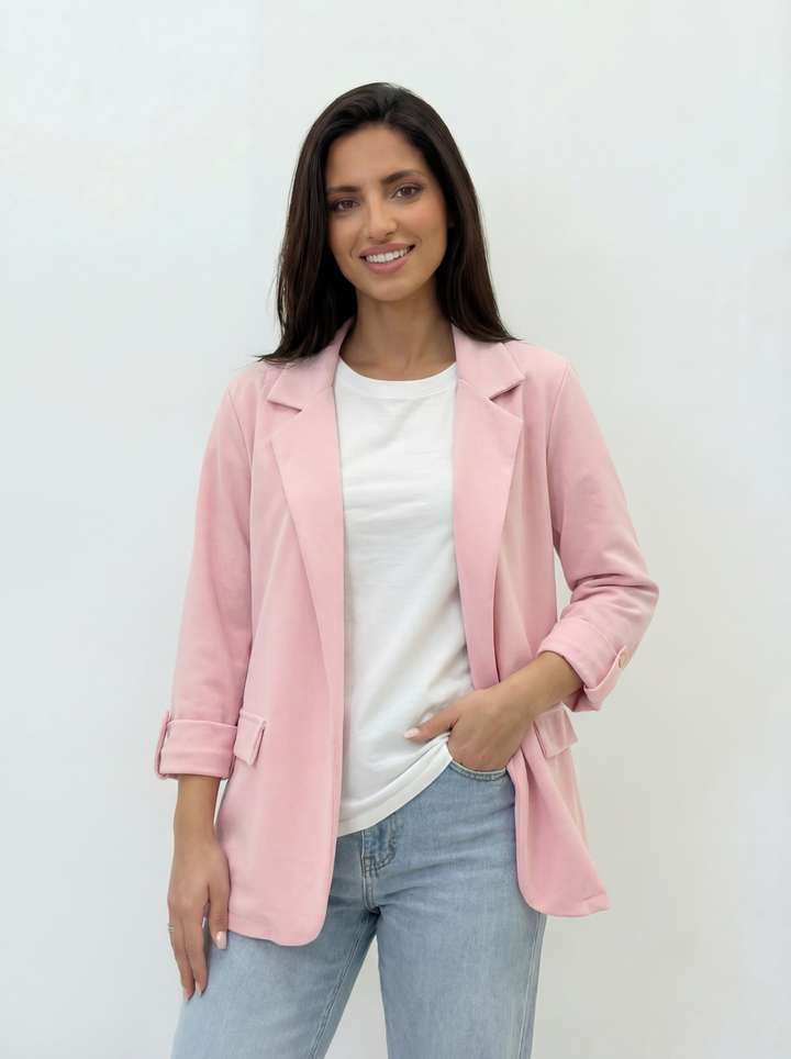 Women's sage green 3/4 sleeve blazer with lapels by Emma & Rose Cape Town, stylish and tailored for a modern look.