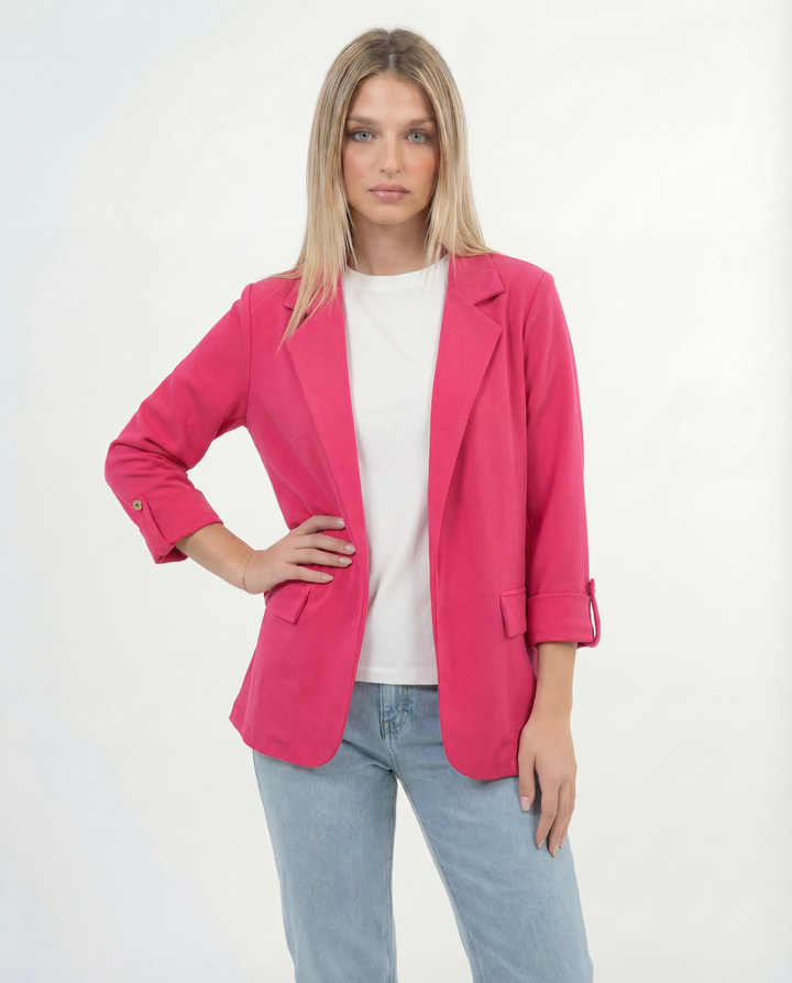 Sage green women's 3/4 sleeve blazer with lapels by Emma & Rose Cape Town, stylish and tailored for a polished look.