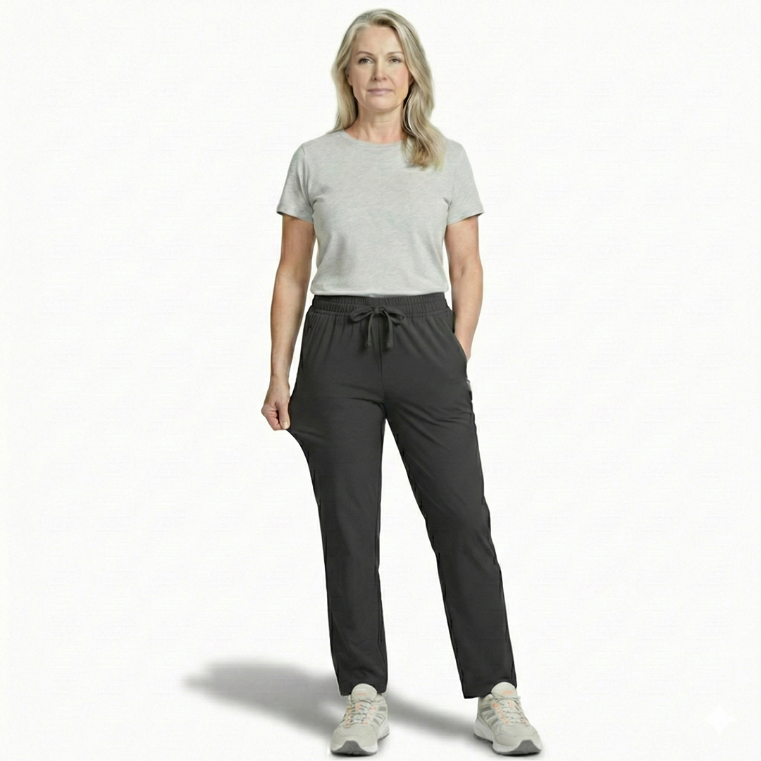 Emma & Rose Cape Town Outdoor Quickdry Stretch Pants Pro in glide pose, showcasing lightweight, flexible outdoor activewear.