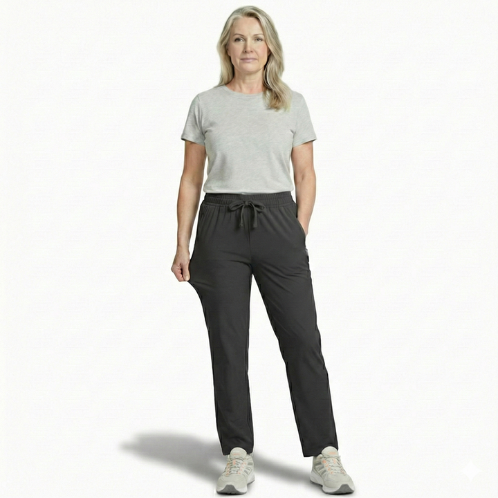 Emma & Rose Cape Town Outdoor Quickdry Stretch Pants Pro in glide pose, showcasing lightweight, flexible outdoor activewear.