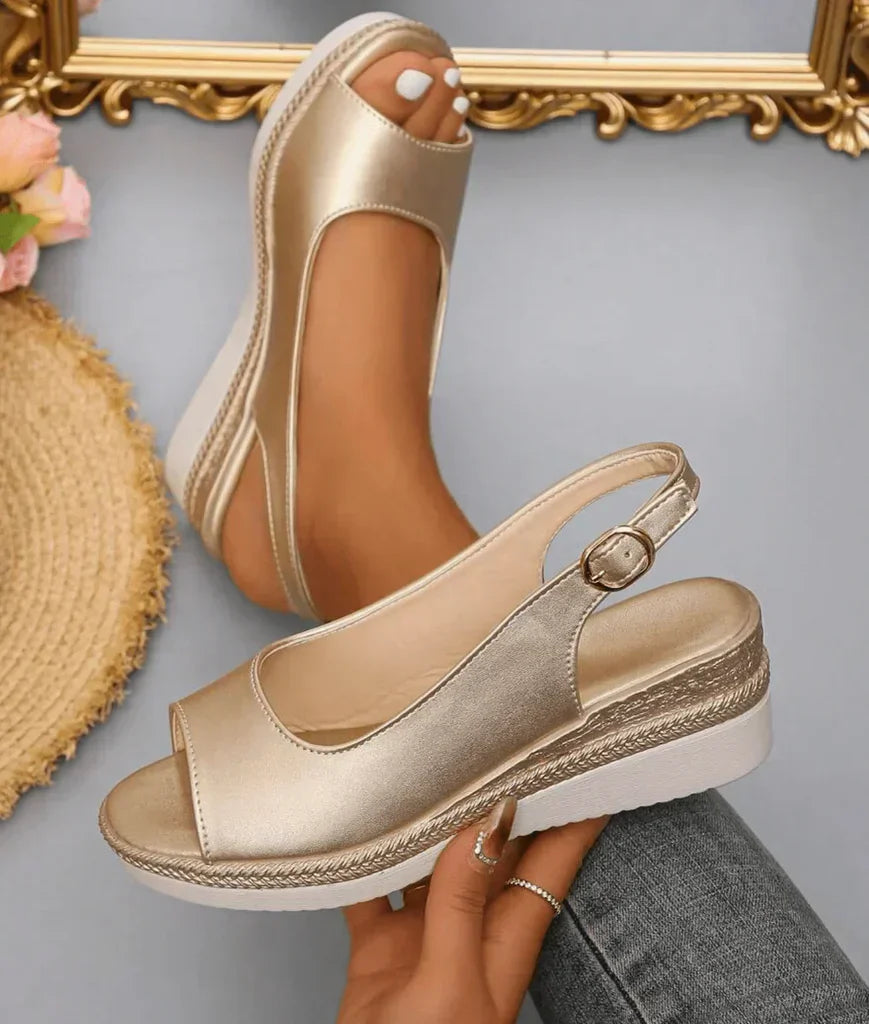 Emma & Rose Cape Town Waya™ All Day Wedge Sandals in gold, stylish open-toe footwear with ankle straps for comfortable wear