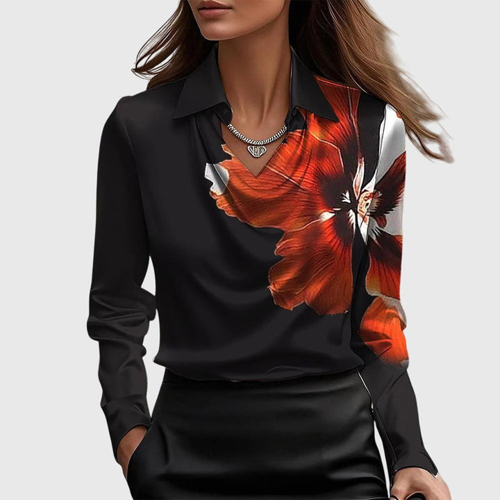Emma & Rose Cape Town Lize™ elegant gold blouse, slim fit with stylish design, shown on a model.