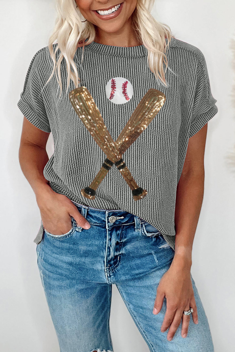 Medium grey ribbed knit sequin baseball graphic T-shirt by Emma & Rose Cape Town, featuring a stylish casual design.