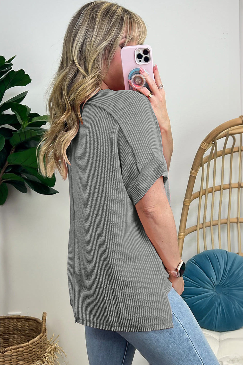 Medium grey ribbed knit sequin baseball graphic T-shirt by Emma & Rose Cape Town, featuring a stylish graphic design and textured fabric.