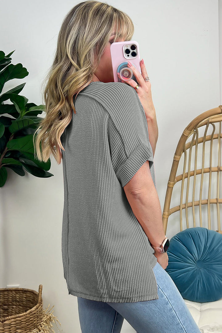 Medium grey ribbed knit sequin baseball graphic T-shirt by Emma & Rose Cape Town, featuring a stylish graphic design and textured fabric.