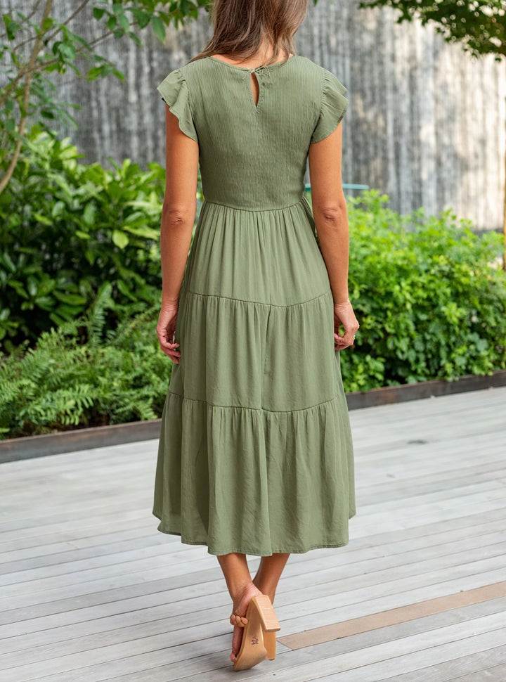 Fluid Ruffle Dress with Flared Sleeves