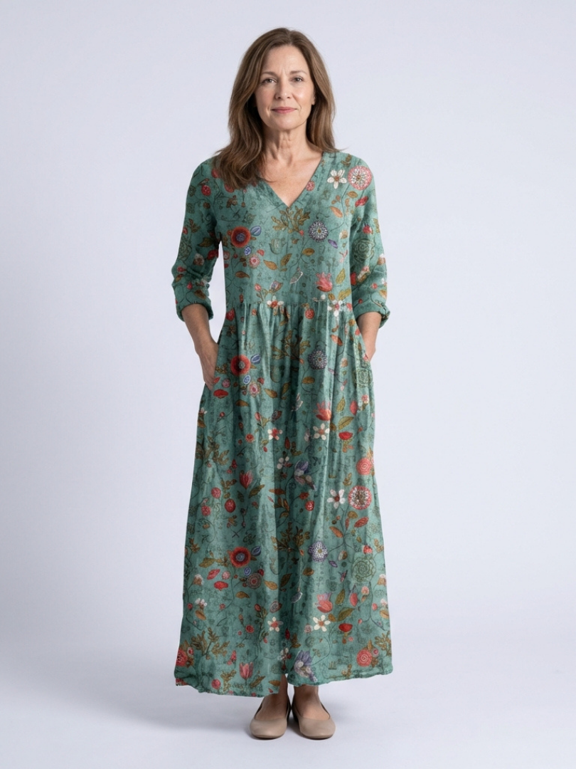 Emma & Rose Cape Town Marina quarter sleeve maxi dress in green, flowing fabric with a relaxed fit and elegant design.