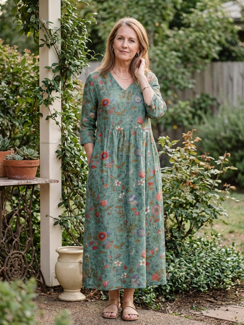 Emma & Rose Cape Town Marina quarter sleeve maxi dress in green, flowing fabric, elegant design for casual or formal wear.