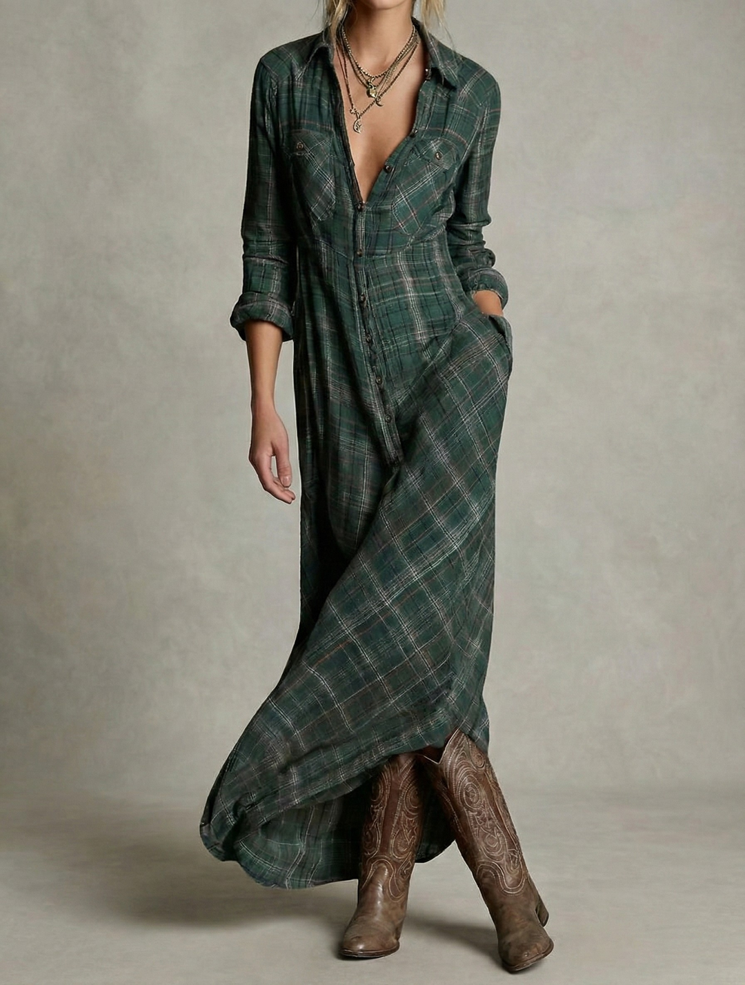 Emerald green Rosa™ check shirt dress by Emma & Rose Cape Town, featuring a classic button-up style and collar.
