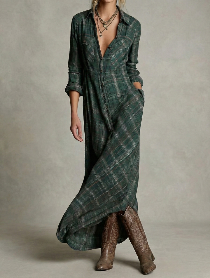 Emerald green Rosa™ check shirt dress by Emma & Rose Cape Town, featuring a classic button-up style and collar.