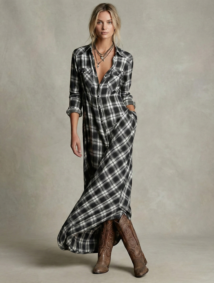 Emma & Rose Cape Town Rosa Emerald Check Shirt Dress, green and white plaid cotton dress with collared neckline and long sleeves.