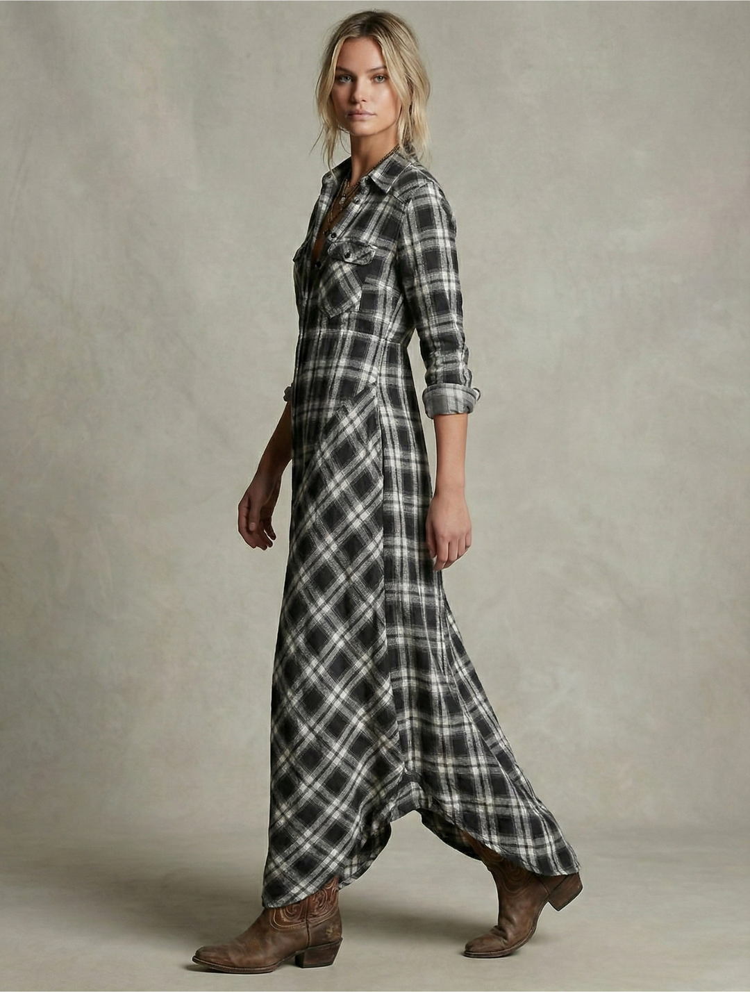 Emma & Rose Cape Town Rosa Emerald Check Shirt Dress displayed on a hanger, featuring a green and white check pattern.