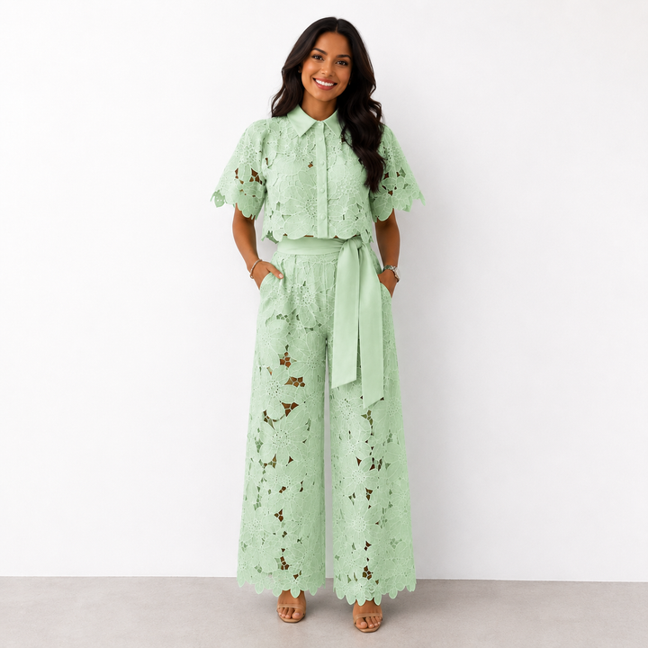 Green two-piece set from Emma & Rose Cape Town, Isabela style, featuring a comfortable top and matching bottoms.