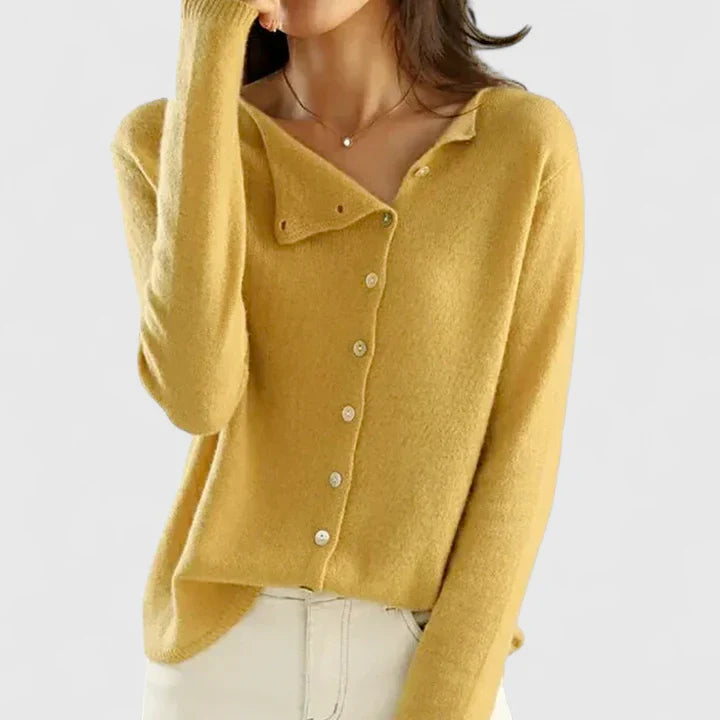 Gray Calizhyah™ elegant cardigan by Emma & Rose Cape Town, shown on a model with a soft, draped fit and long sleeves.