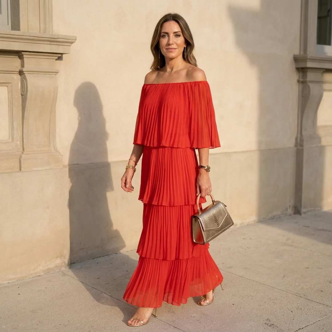 Red Adelina Layered Breeze Dress by Emma & Rose Cape Town, imported, featuring flowing layers and stylish design.