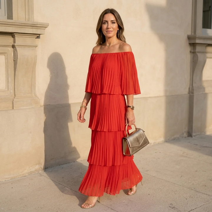 Red Adelina Layered Breeze Dress by Emma & Rose Cape Town, imported, featuring flowing layers and stylish design.