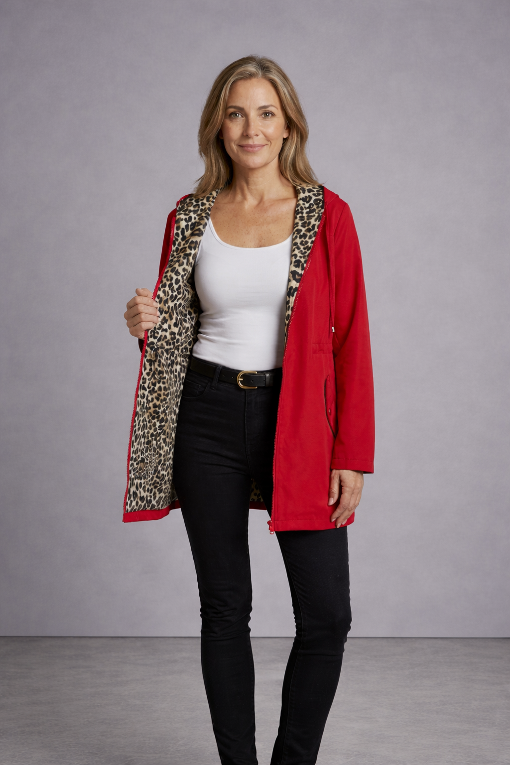 Imported Emma & Rose Cape Town leopard print coat in red, stylish women's outerwear with bold animal pattern.