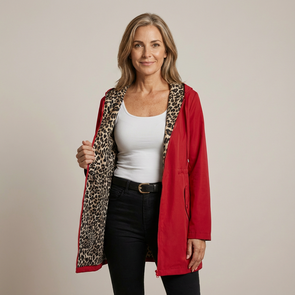 Imported Emma & Rose Leopard Print Coat featuring a bold red and black pattern, stylish and warm for chilly days.