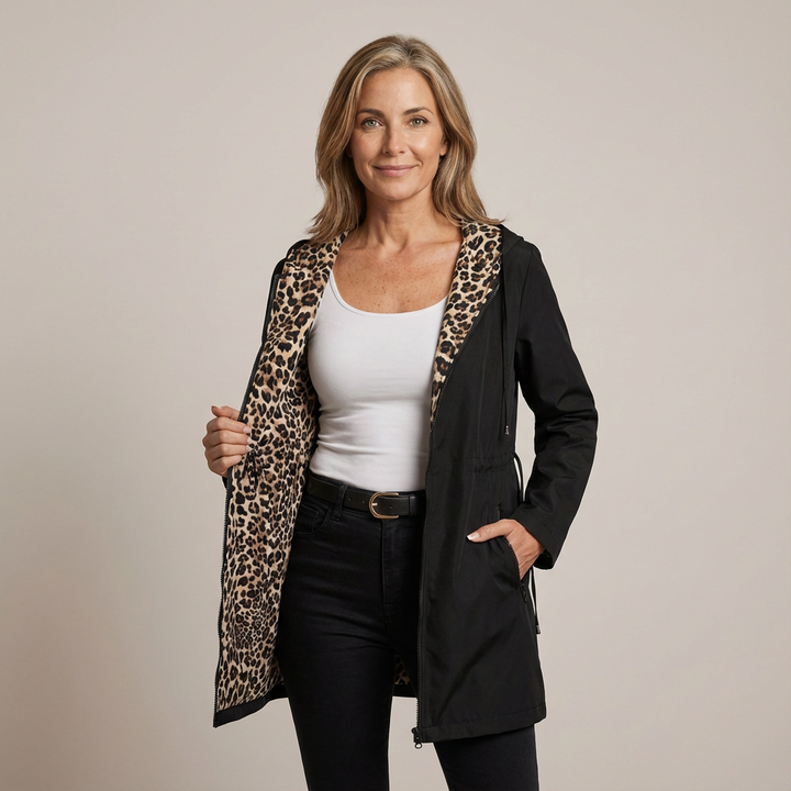 Imported Emma & Rose Cape Town leopard print coat in red, featuring a stylish and cozy design with bold animal pattern.