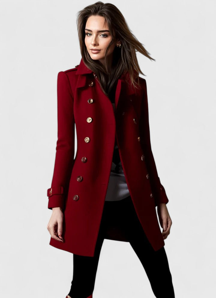 Blue Koralynne™ jacket by Emma & Rose Cape Town, elegant coat with tailored fit and stylish design, shown on a model.