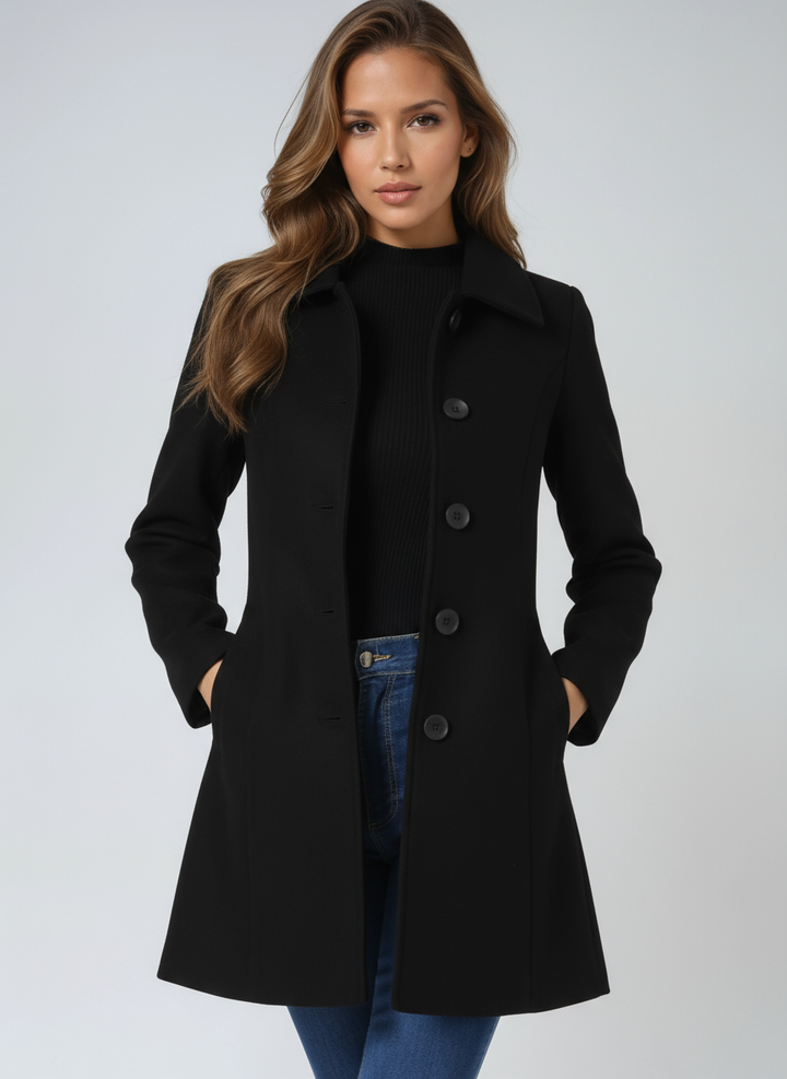 Black Elvyn™ sophisticated coat by Emma & Rose Cape Town, stylish jacket with tailored design and elegant details.