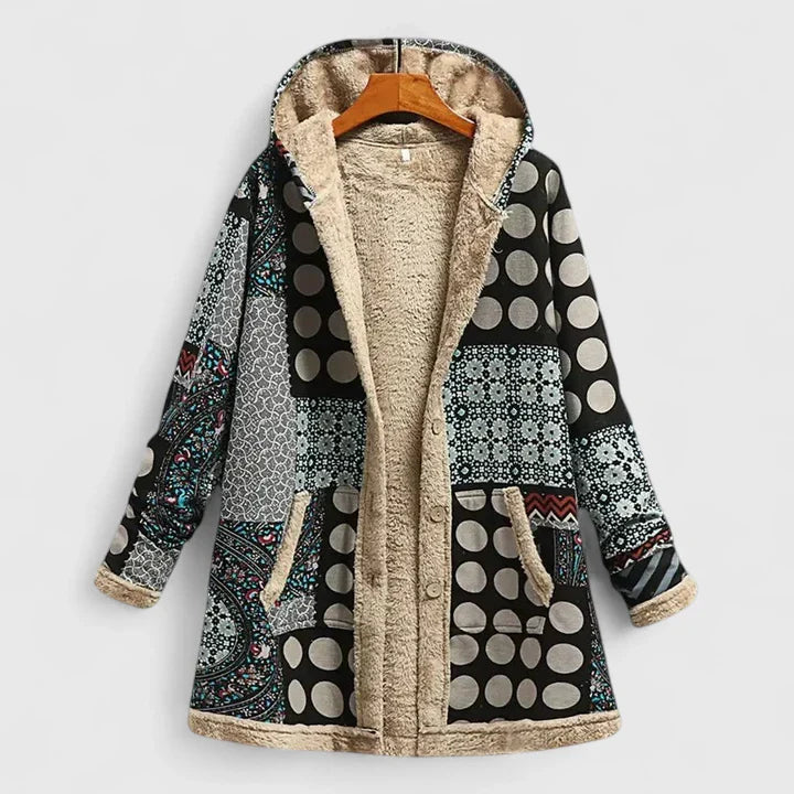 Beige and orange Florenziah Emma & Rose Cape Town comfortable jacket shown on a hanger, featuring a relaxed fit and cozy design.