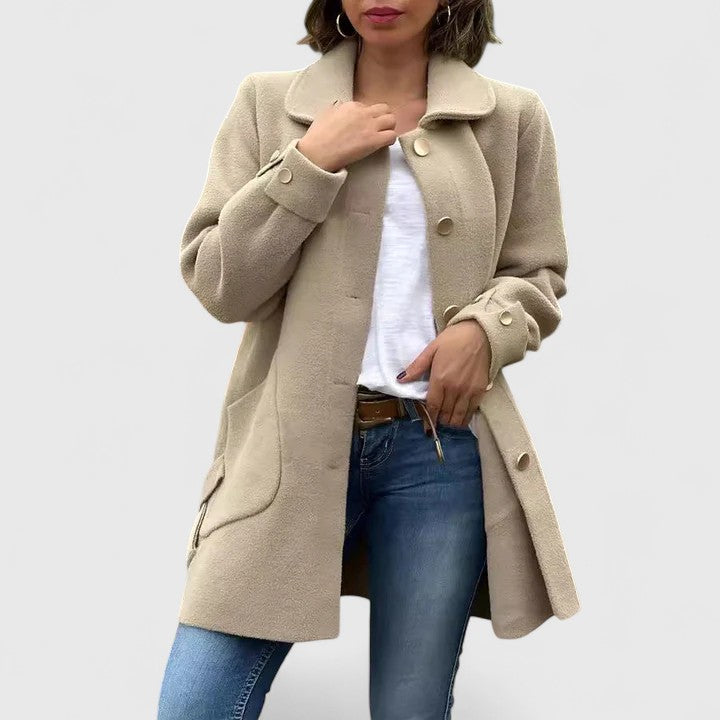 Mei™ elegant khaki coat from Emma & Rose Cape Town, stylish jacket with tailored fit and classic design.