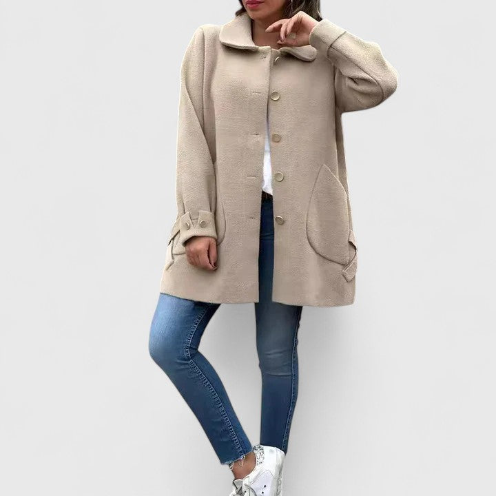 Mei™ elegant khaki coat by Emma & Rose Cape Town, stylish jacket with tailored fit and classic design for women.