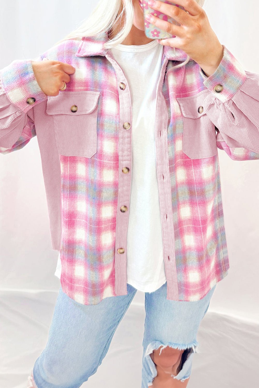 Pink brushed plaid corduroy shacket with patchwork design and flap pockets, styled as a casual Emma & Rose Cape Town jacket.