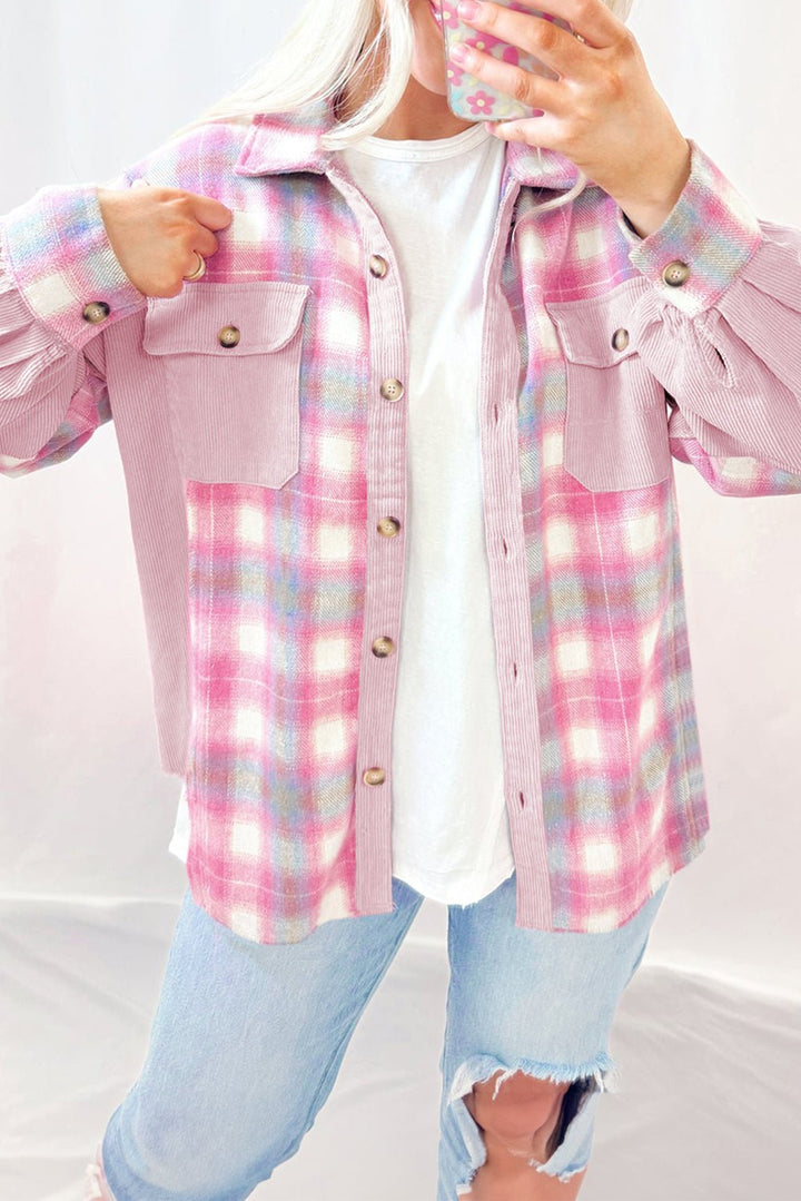 Pink brushed plaid corduroy shacket with patchwork design and flap pockets, styled as a casual Emma & Rose Cape Town jacket.