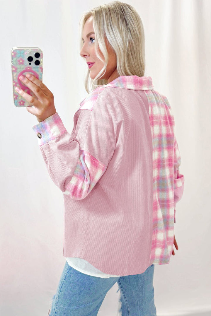 Pink brushed plaid corduroy shacket with flap pockets and patchwork design, by Emma & Rose Cape Town.
