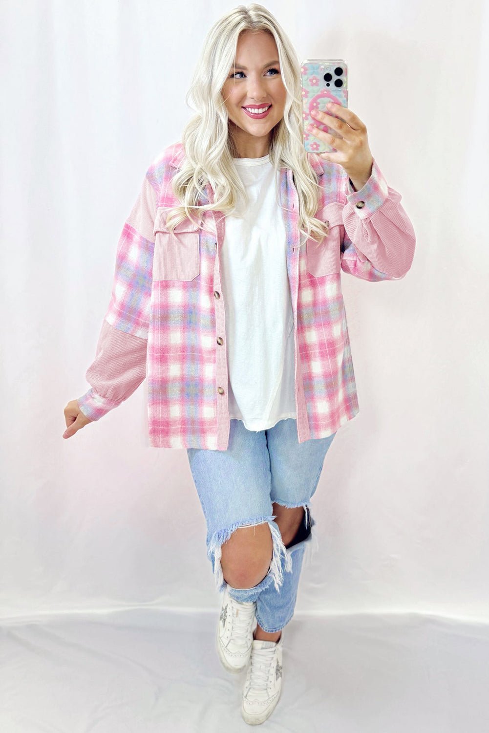 Pink brushed plaid corduroy shacket with patchwork design, flap pockets, and long sleeves, by Emma & Rose Cape Town.