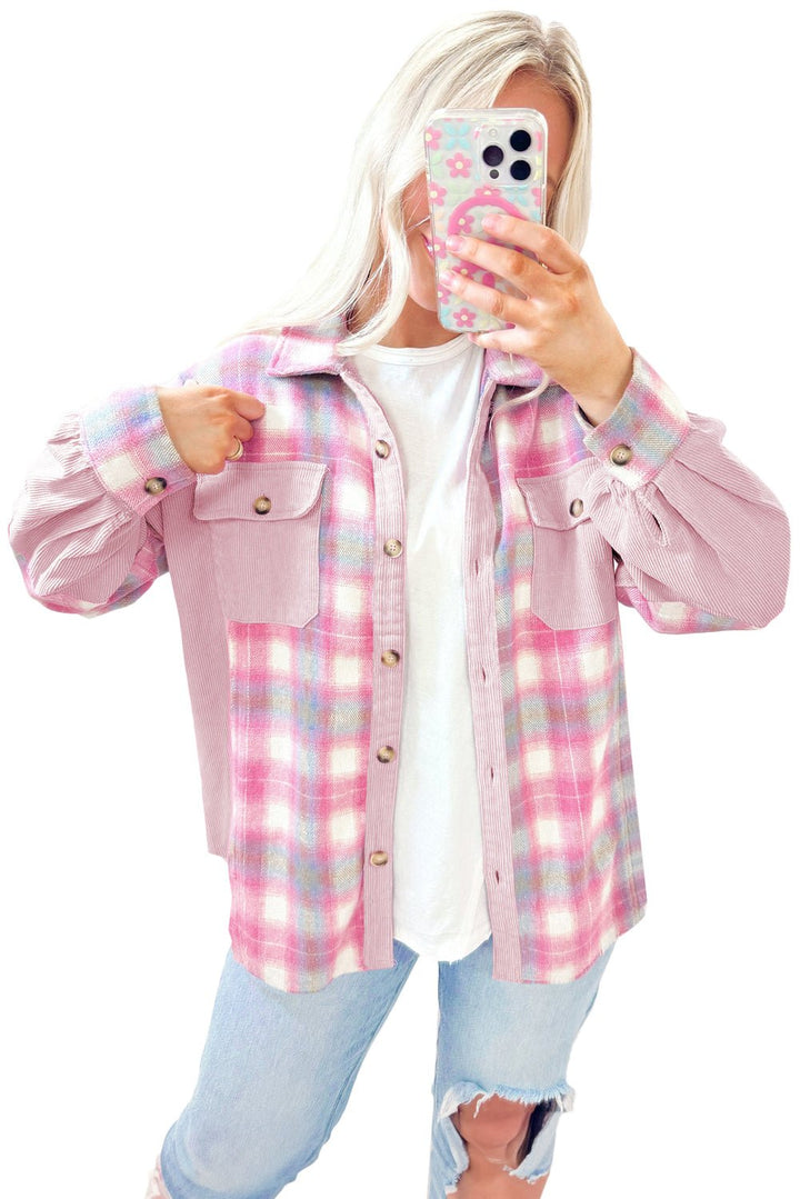 Pink brushed plaid corduroy shacket with patchwork design and flap pockets, by Emma & Rose Cape Town, stylish jackets for women.