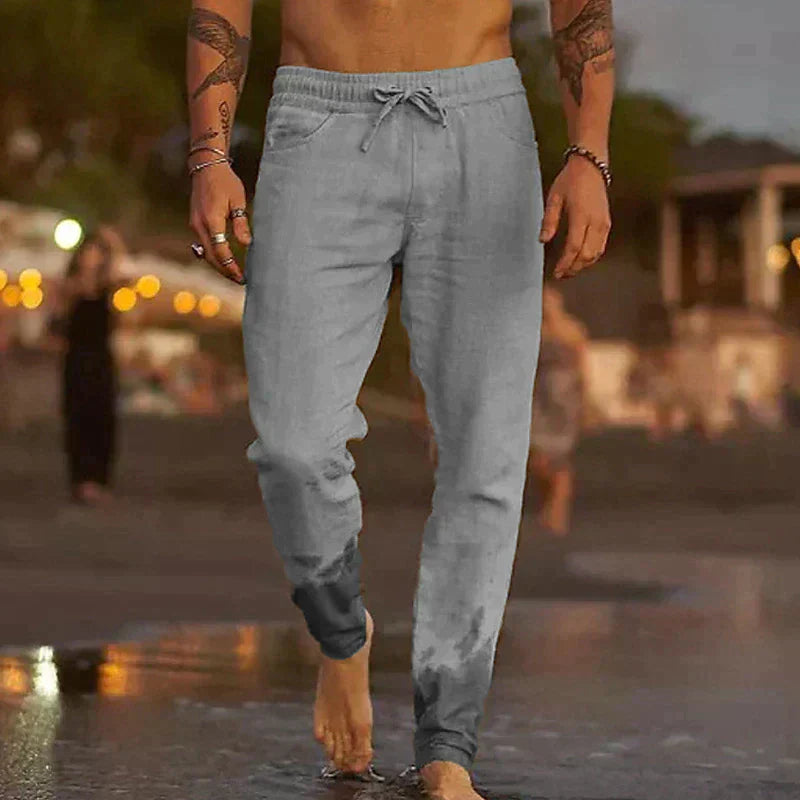 Men's khaki relaxed-fit casual pants for summer by Emma & Rose Cape Town, shown in a comfortable, stylish fit.