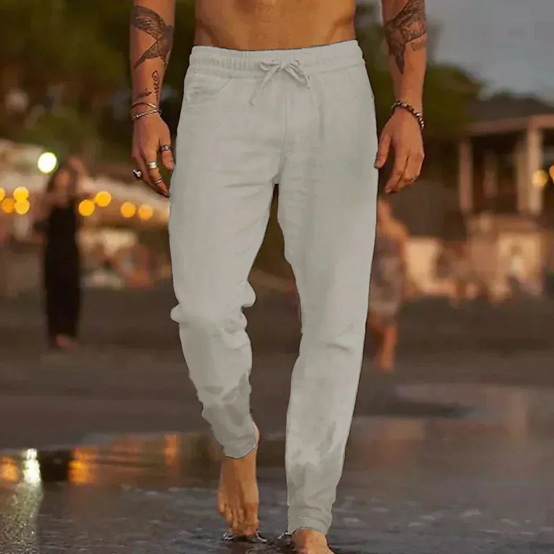 Khaki men's relaxed-fit casual pants from Emma & Rose Cape Town, perfect for summer comfort and everyday wear.
