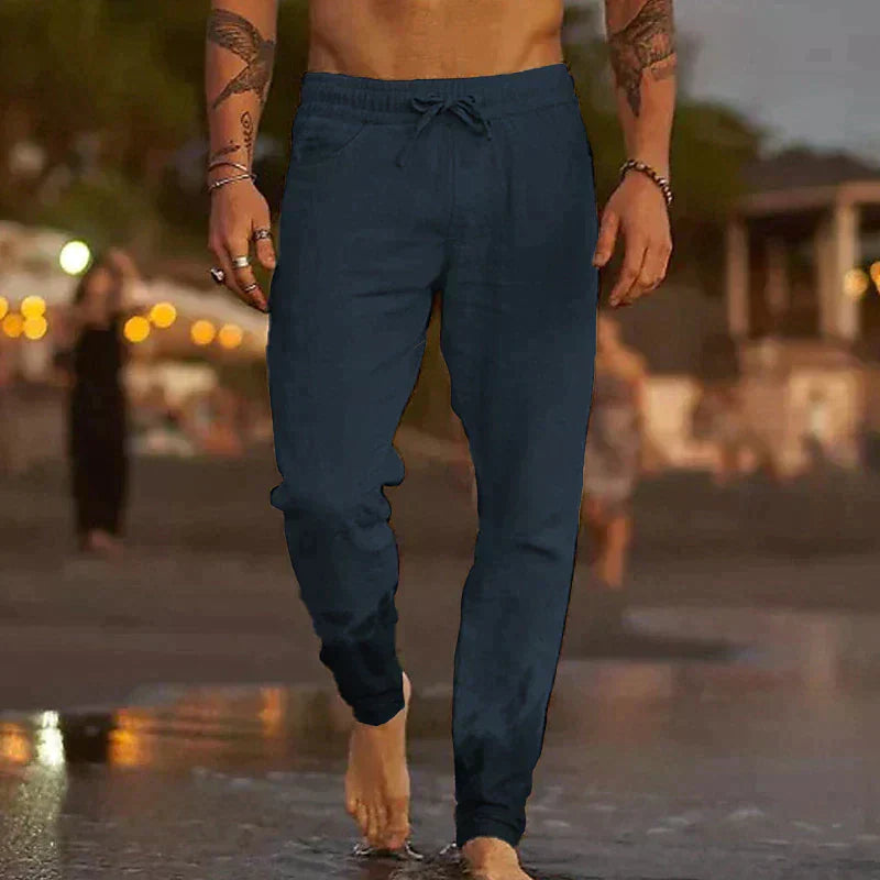 Khaki men's relaxed-fit casual pants from Emma & Rose Cape Town, ideal for summer comfort and everyday wear.
