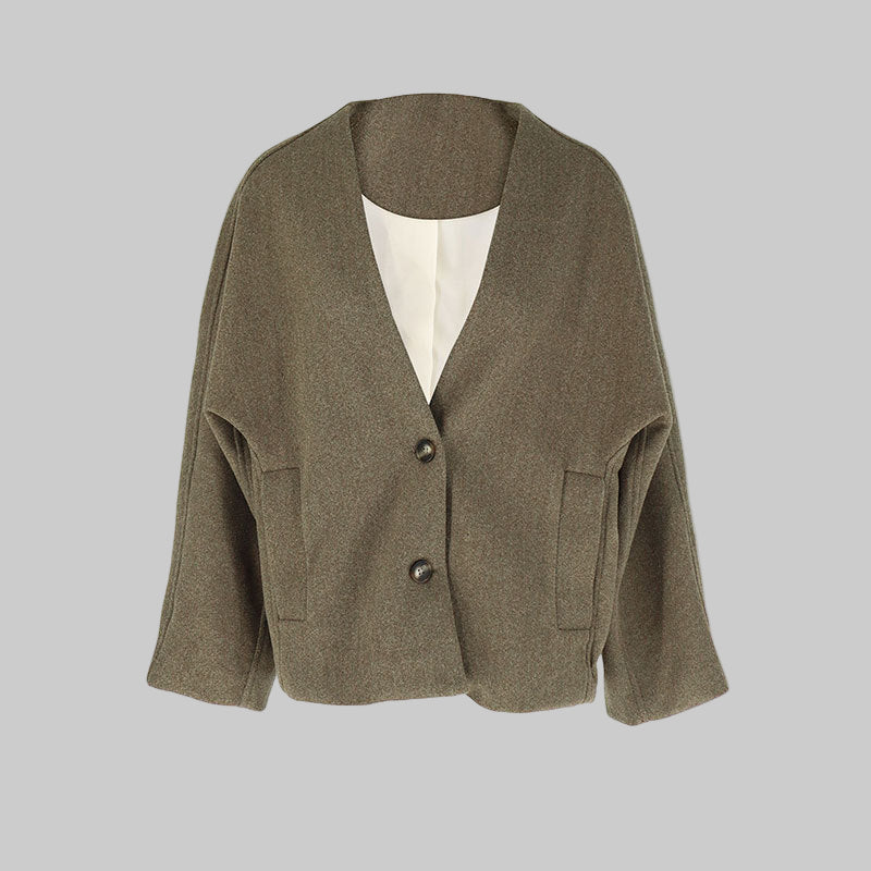 Emma & Rose Cape Town Laya™ long sleeve khaki V-neck coat, stylish and comfortable winter outerwear for women.