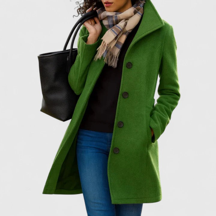 Emma & Rose Cape Town Scarlethia sophisticated coat in khaki, stylish long coat with tailored fit and elegant design.