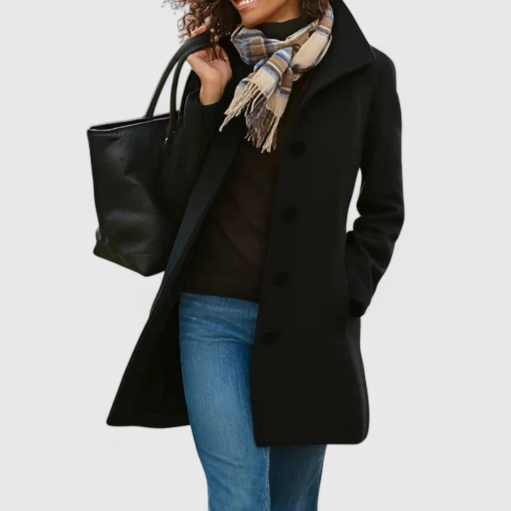 Emma & Rose Cape Town Scarlethia™ khaki sophisticated coat displayed on a hanger with stylish details and tailored fit.