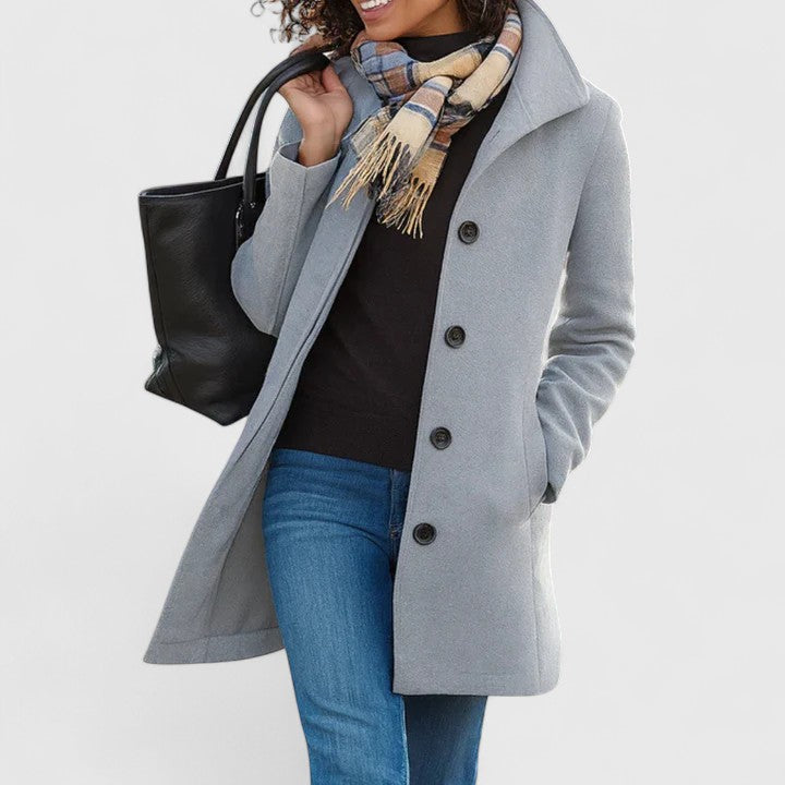 Emma & Rose Cape Town Scarlethia sophisticated khaki coat, stylish and tailored, shown on a model with front view.