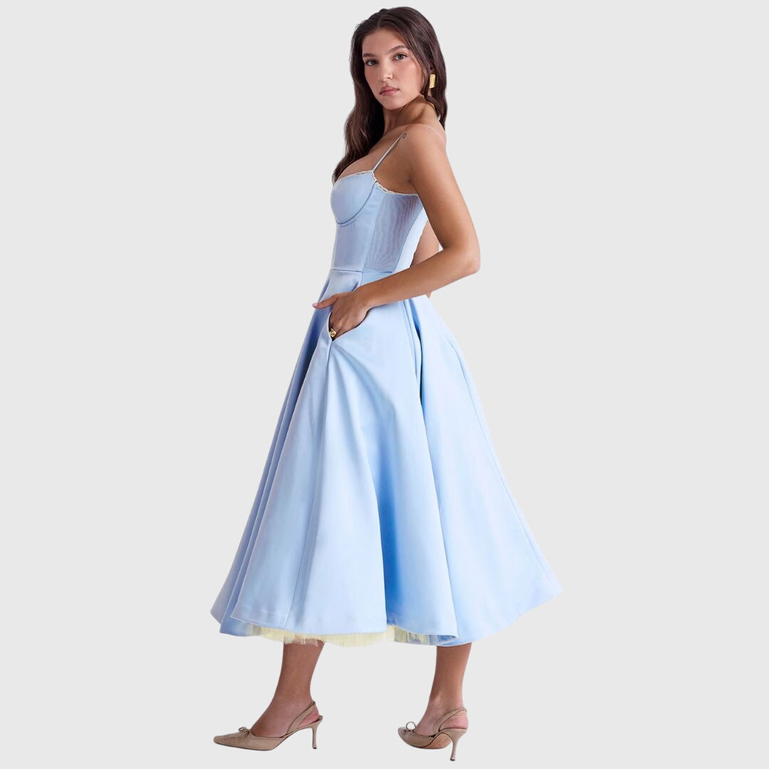 Blue Jane™ elegant maxi dress by Emma & Rose Cape Town, stylish sleeveless Kleid with flowing fabric and fitted waist.